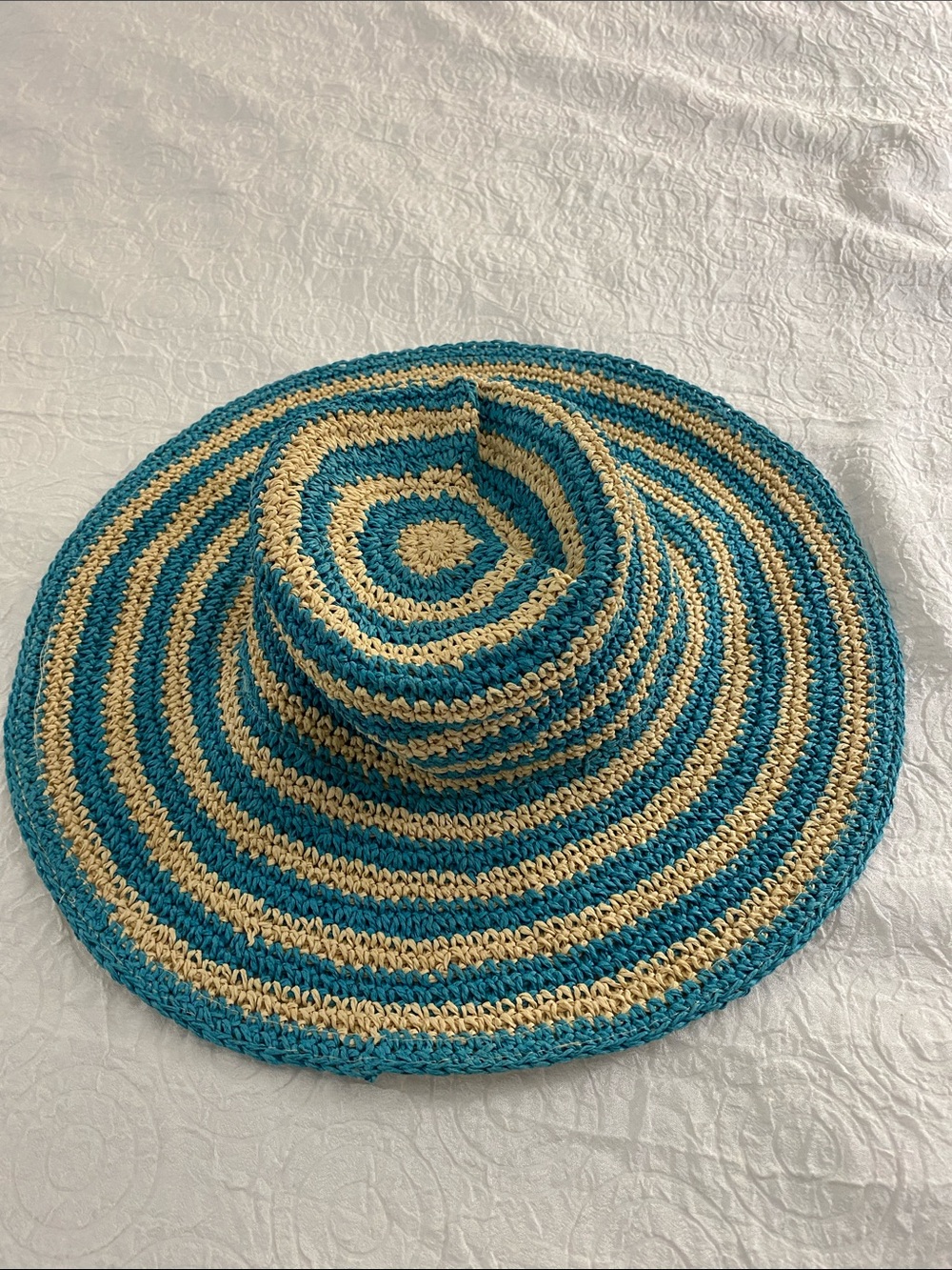 Route 66 Teal and Natural Stripe Crochet Sun Hat